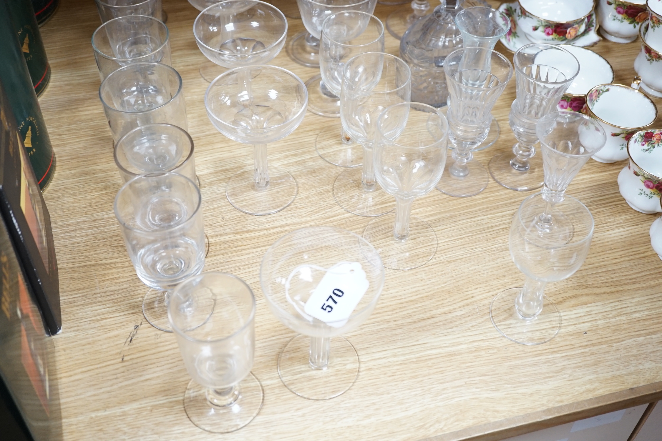 A group of 19th century and later glasses and a George III glass butter tub and cover